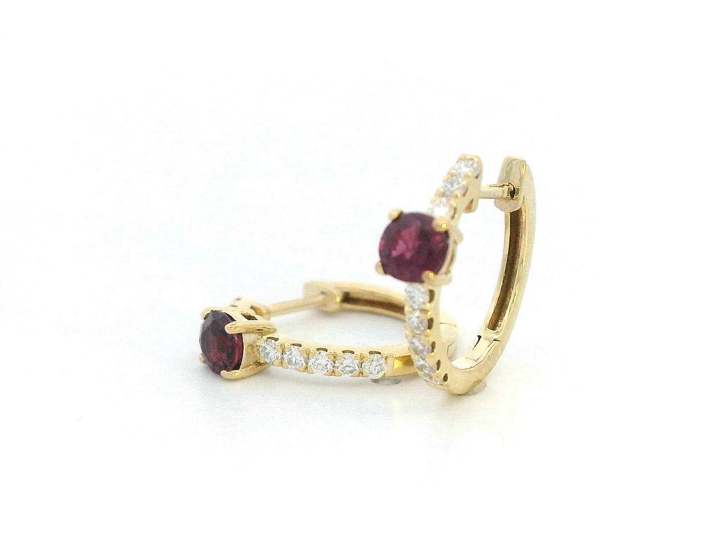 18K gold huggie earrings with round-cut ruby center and diamond accents – elegant red and white gemstone hoop earrings