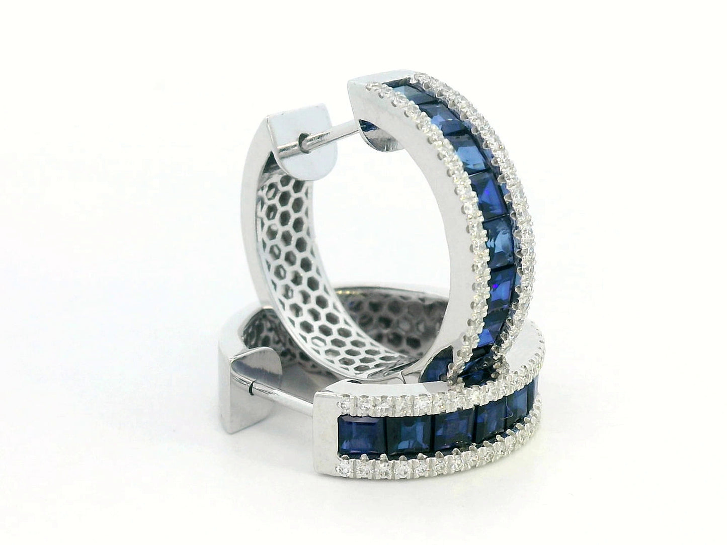 18K white gold hoop earrings with blue sapphires and diamonds