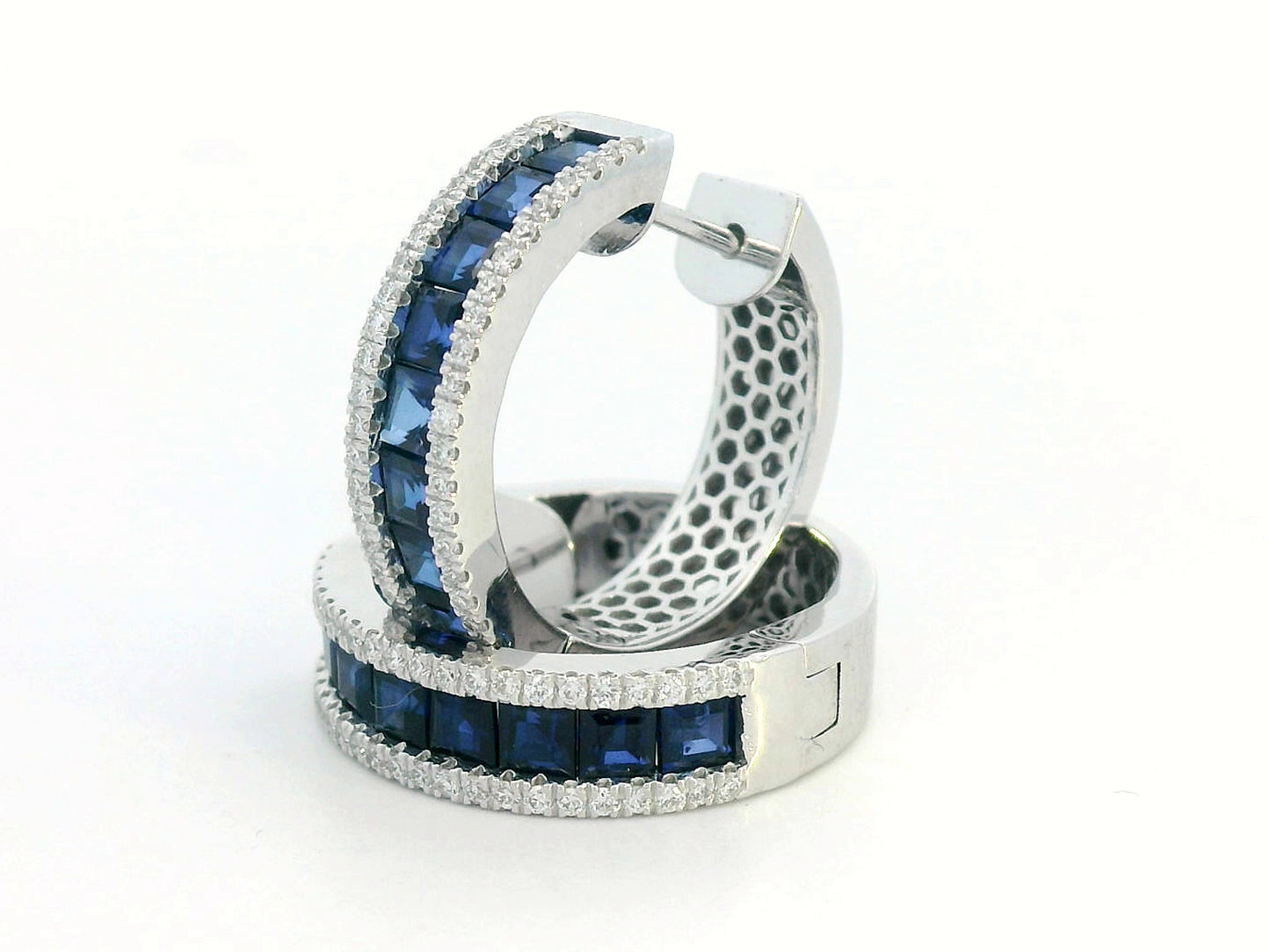 18K white gold hoop earrings with blue sapphires and diamonds
