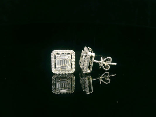 18K gold diamond cluster stud earrings with 0.56 carats of round and baguette-cut diamonds, featuring a secure butterfly back.
