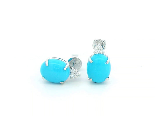 18K White Gold Stud Earrings with Oval Turquoise and Diamond Accents