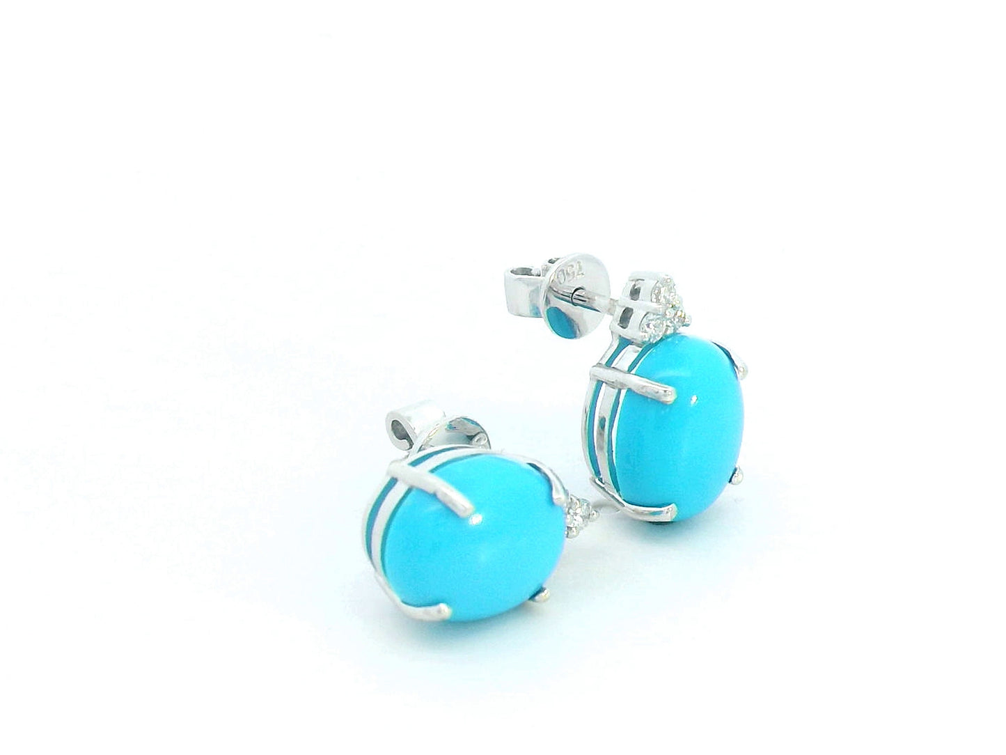 18K White Gold Stud Earrings with Oval Turquoise and Diamond Accents