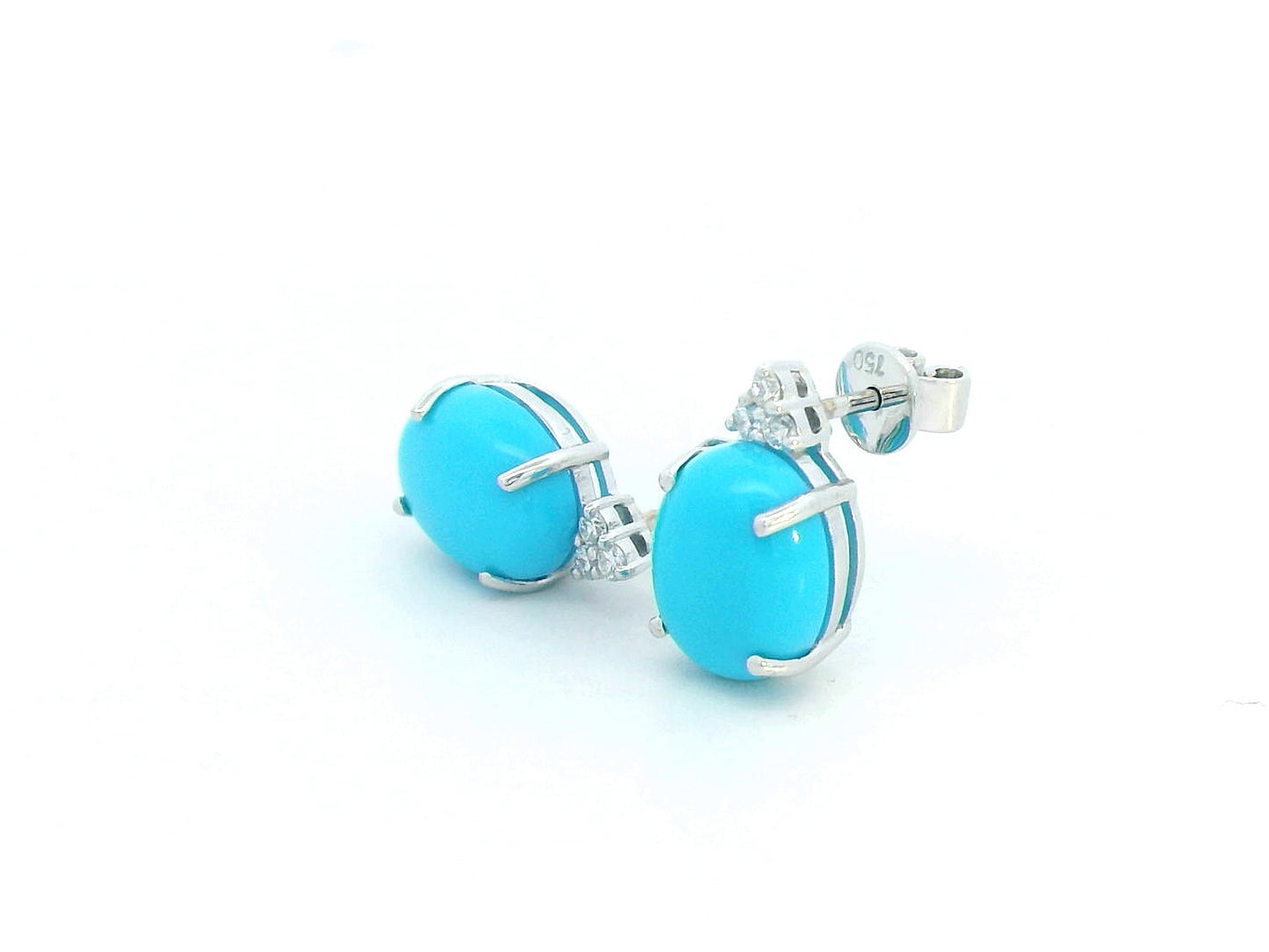 18K White Gold Stud Earrings with Oval Turquoise and Diamond Accents