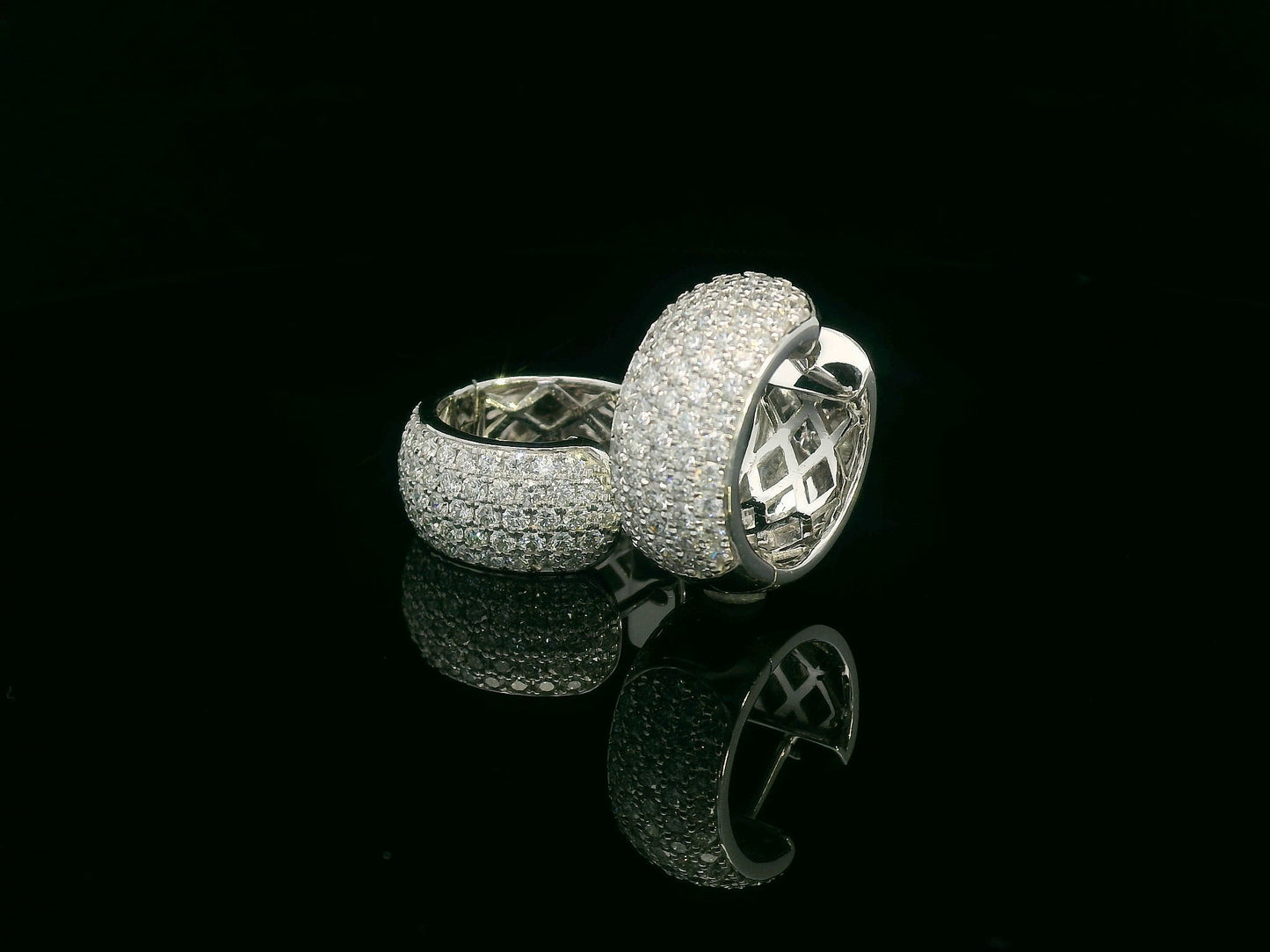 18K white gold pavé diamond huggie hoop earrings with wide dome design and 2.26 carat diamonds
