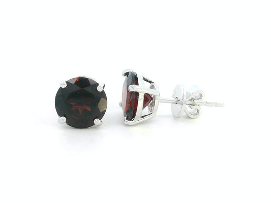 3.89 carat round Garnet stud earrings in 18K white gold with four-prong solitaire setting