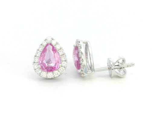 Pear-shaped pink sapphire stud earrings with diamond halo in 18K white gold – 1.38ct sapphires and 0.33ct diamonds