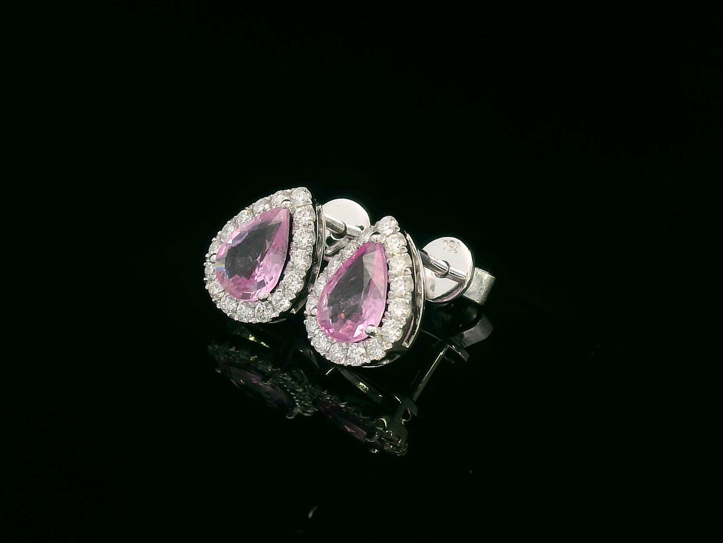 Pear-shaped pink sapphire stud earrings with diamond halo in 18K white gold – 1.38ct sapphires and 0.33ct diamonds