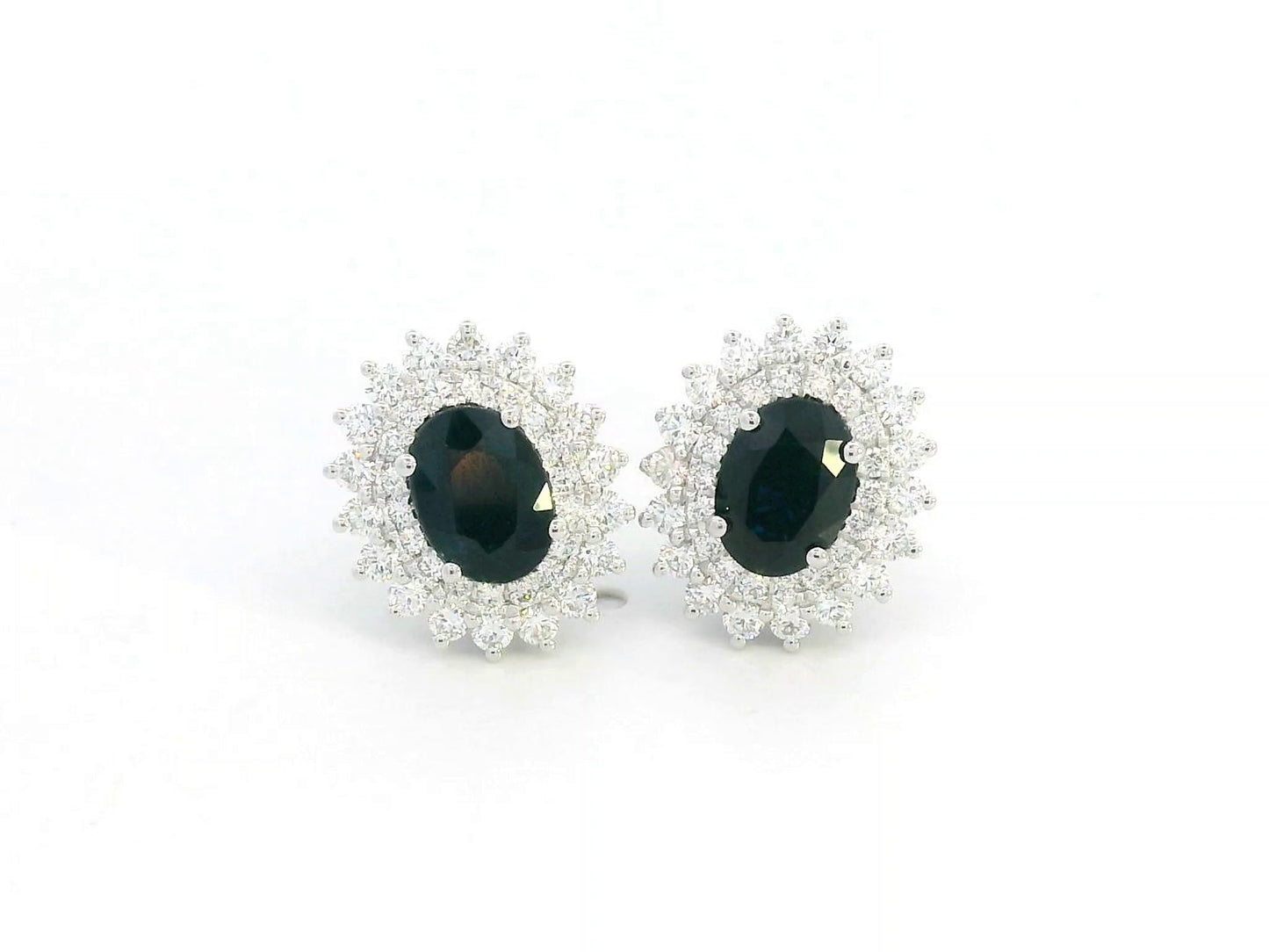 18K white gold earrings with oval blue sapphires (2.12ct) and double diamond halos (0.84ct total)
