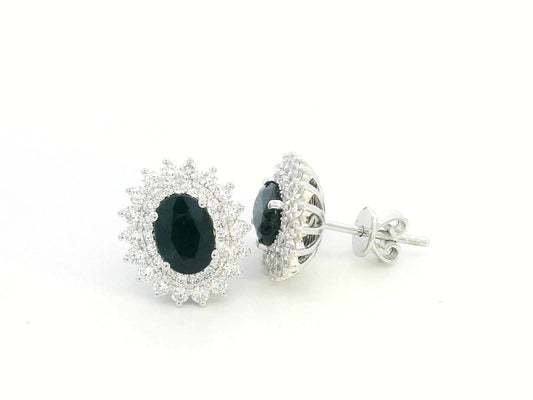 18K white gold earrings with oval blue sapphires (2.12ct) and double diamond halos (0.84ct total)