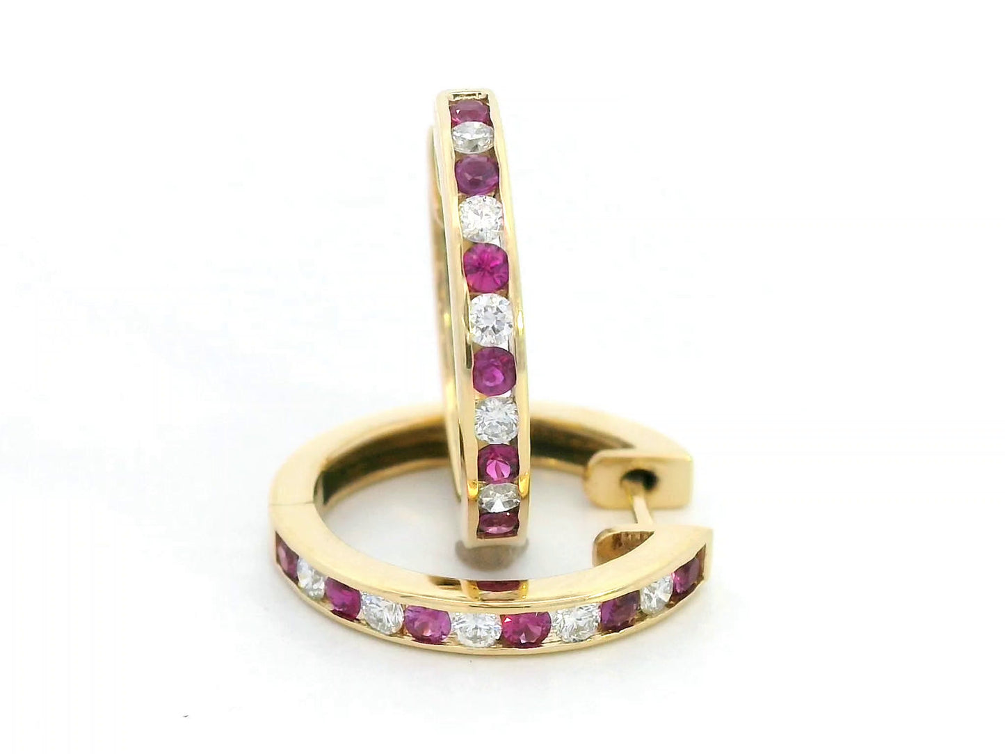 18K yellow gold ruby and diamond hoop earrings — channel-set rubies (0.36ct) and diamonds (0.27ct) by Emirates Diamonds