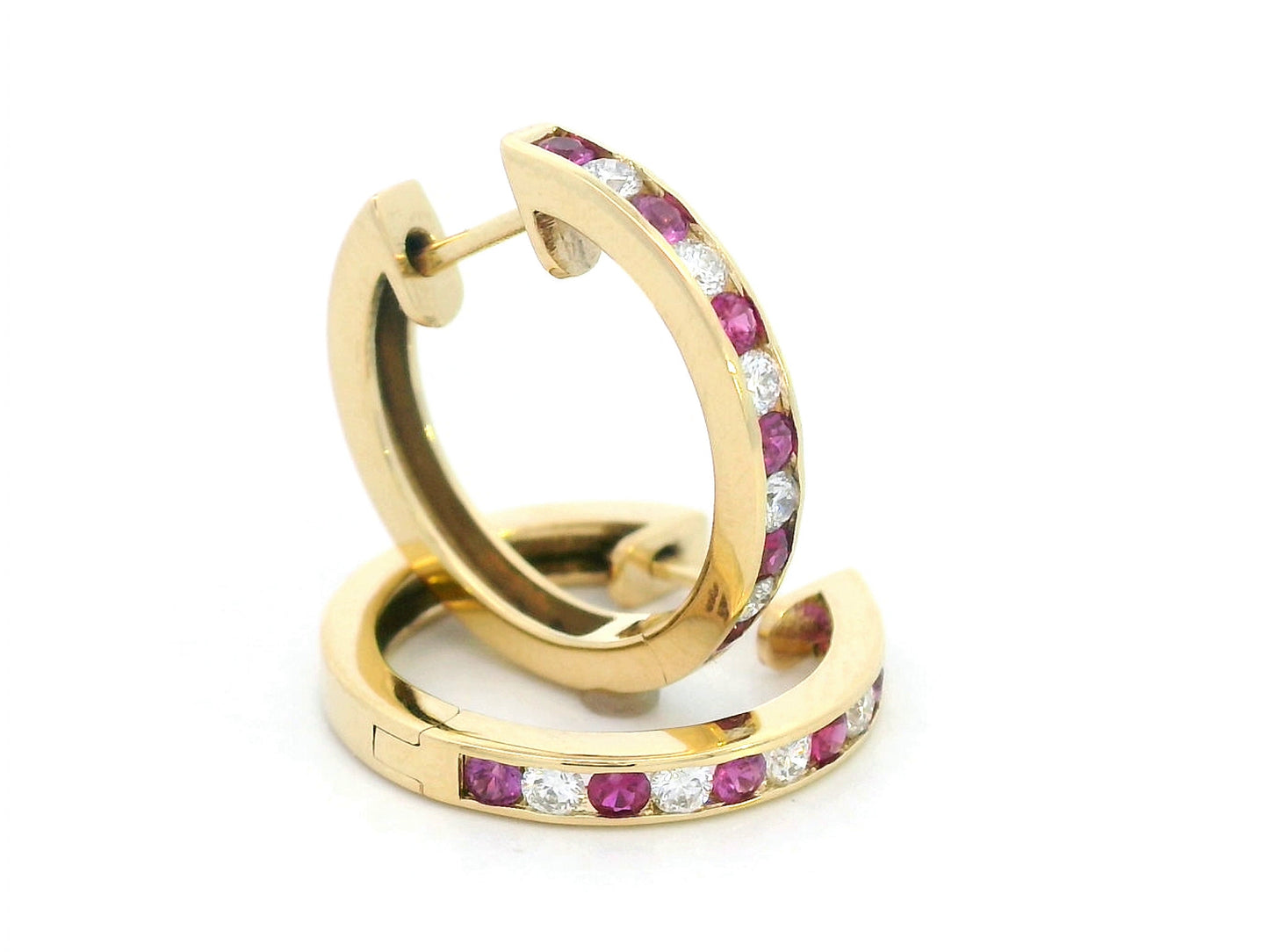 18K yellow gold hoop earrings with alternating rubies and diamonds