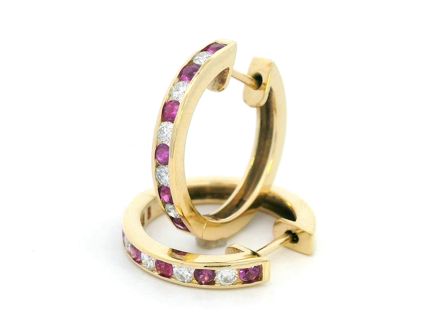 18K yellow gold hoop earrings with alternating rubies and diamonds