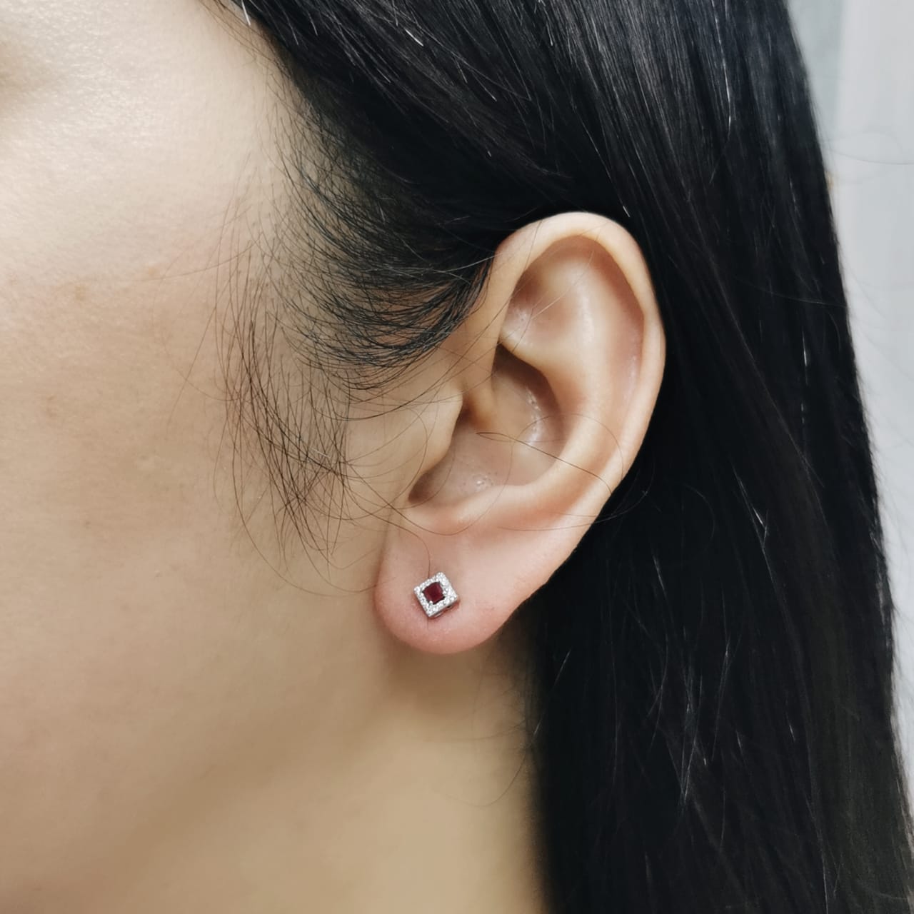 18K White Gold Ruby Stud Earrings with Diamond Halo