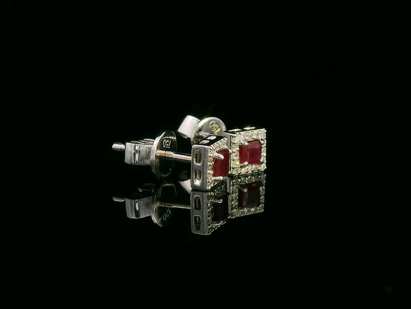 18K White Gold Ruby Stud Earrings with Diamond Halo