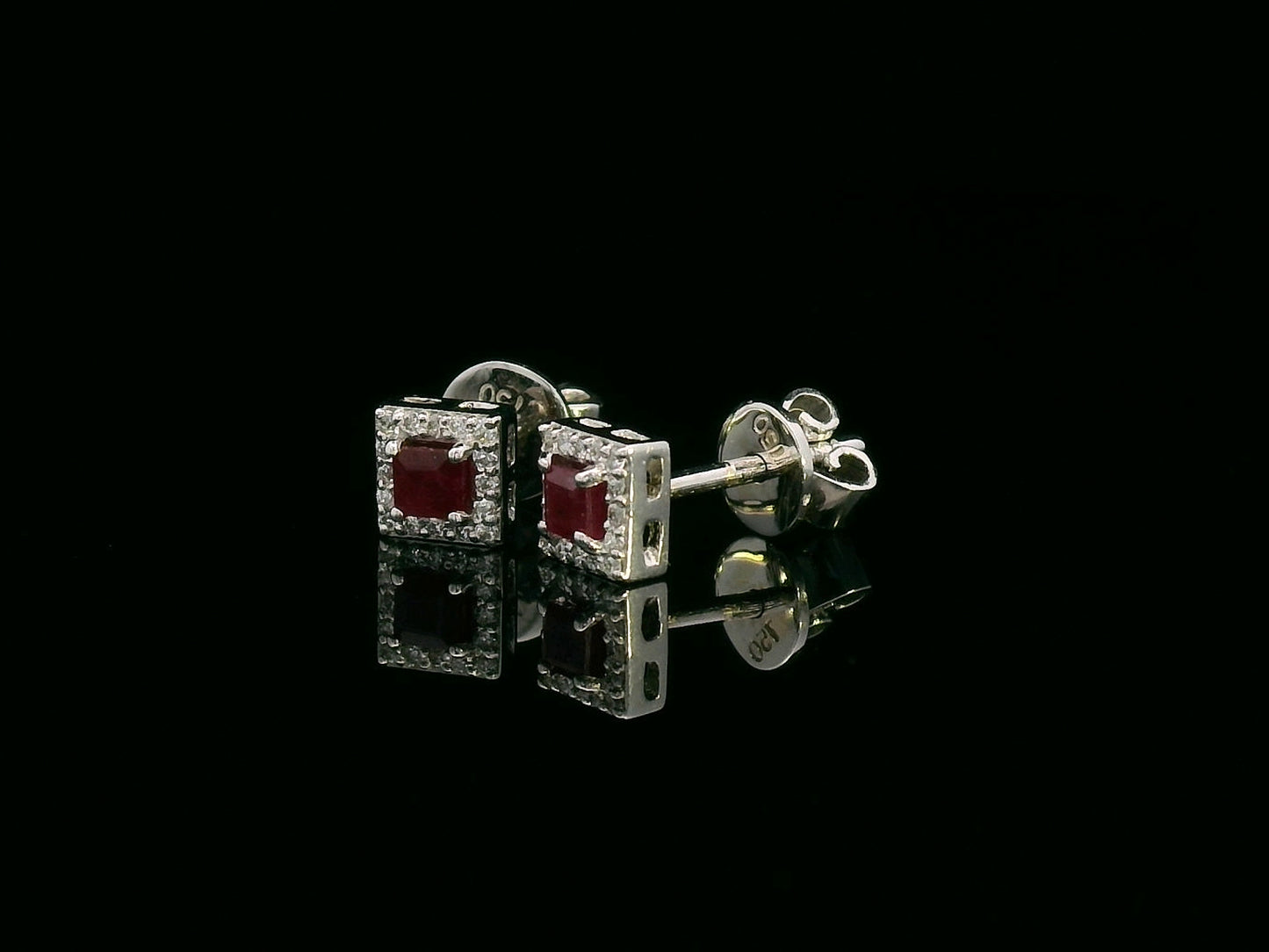 18K White Gold Ruby Stud Earrings with Diamond Halo