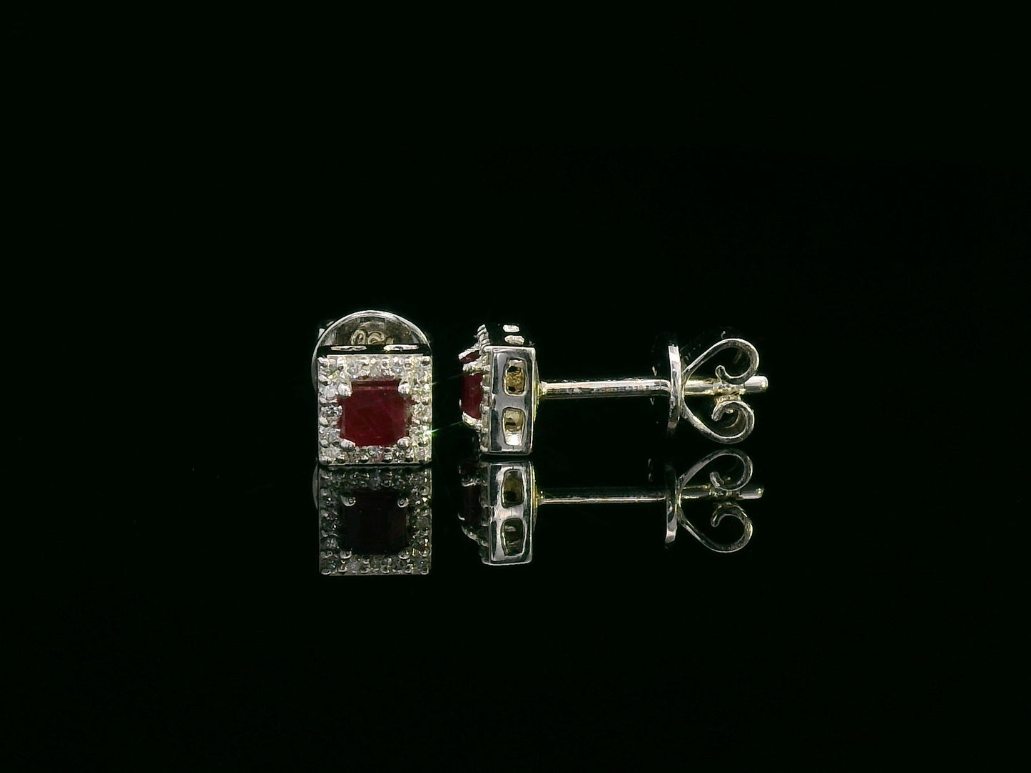 18K White Gold Ruby Stud Earrings with Diamond Halo