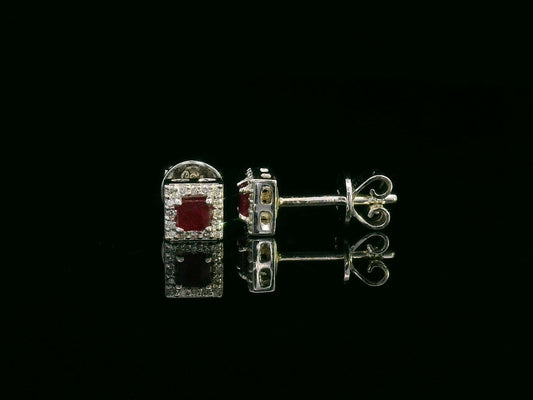 18K White Gold Ruby Stud Earrings with Diamond Halo