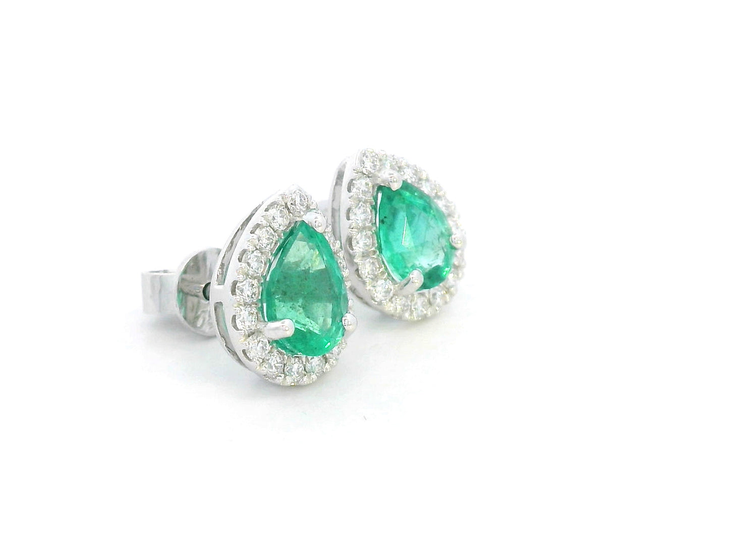 Pear-cut emerald and diamond halo earrings in 18K white gold