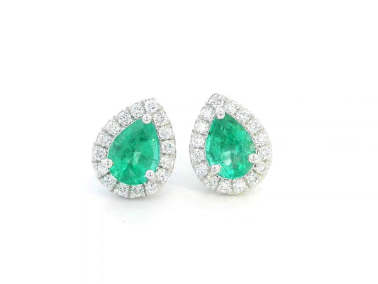Pear-cut emerald and diamond halo earrings in 18K white gold