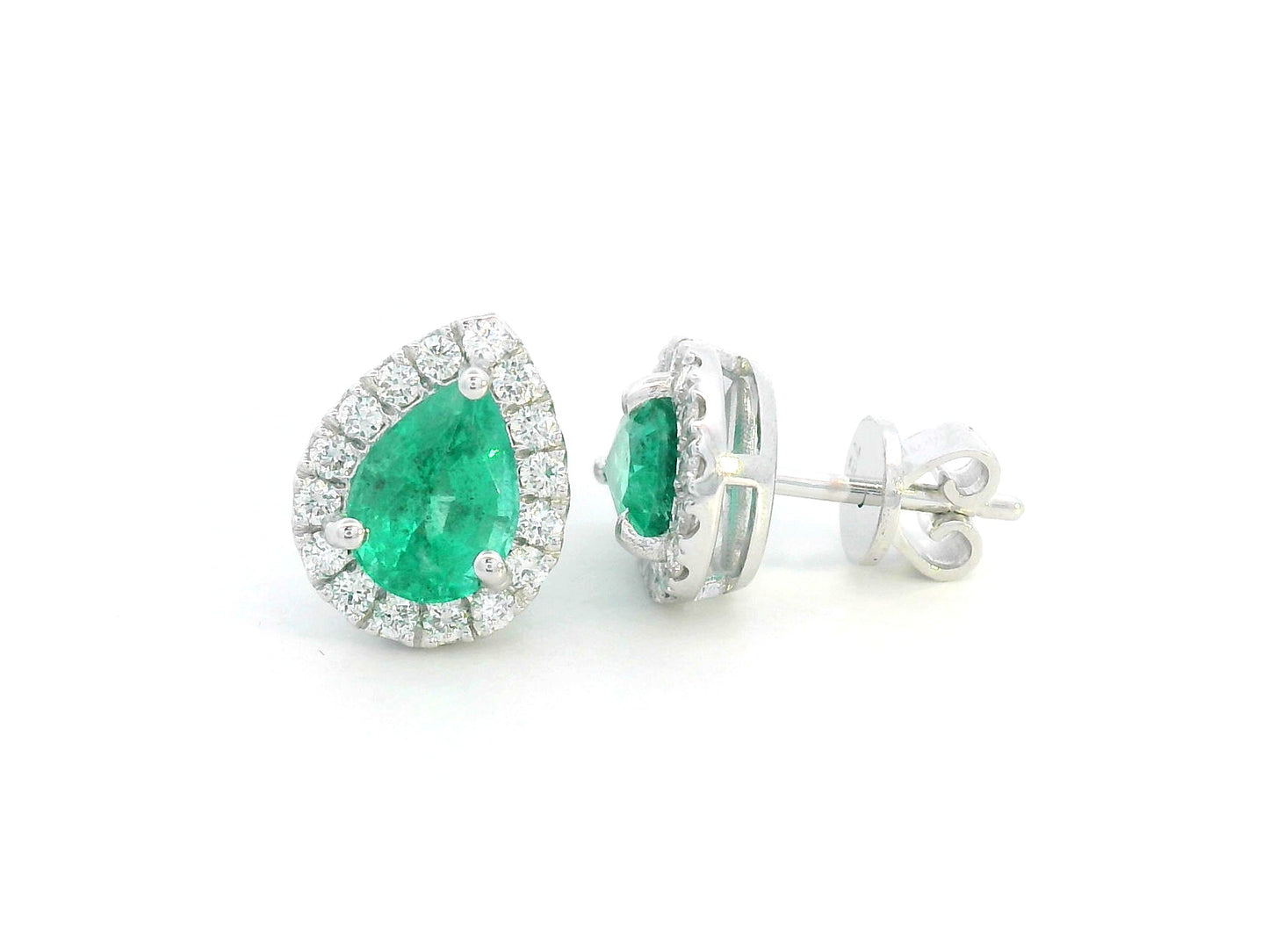 Pear-cut emerald and diamond halo earrings in 18K white gold
