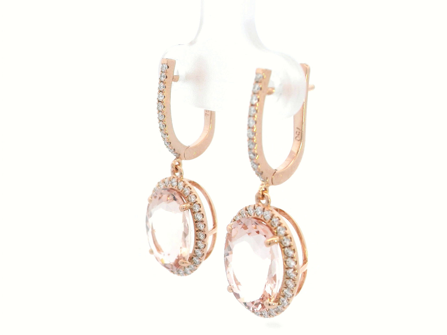 18K Rose Gold Morganite and Diamond Drop Earrings – 7.03ct Morganite with 0.60ct Diamond Halo