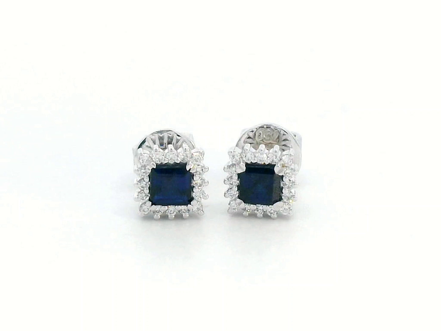 Square-cut sapphire halo stud earrings in 18K white gold with diamond accents