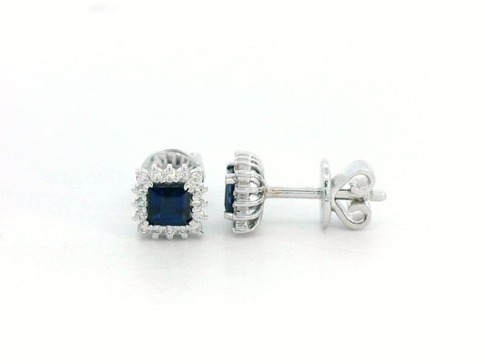 Square-cut sapphire halo stud earrings in 18K white gold with diamond accents