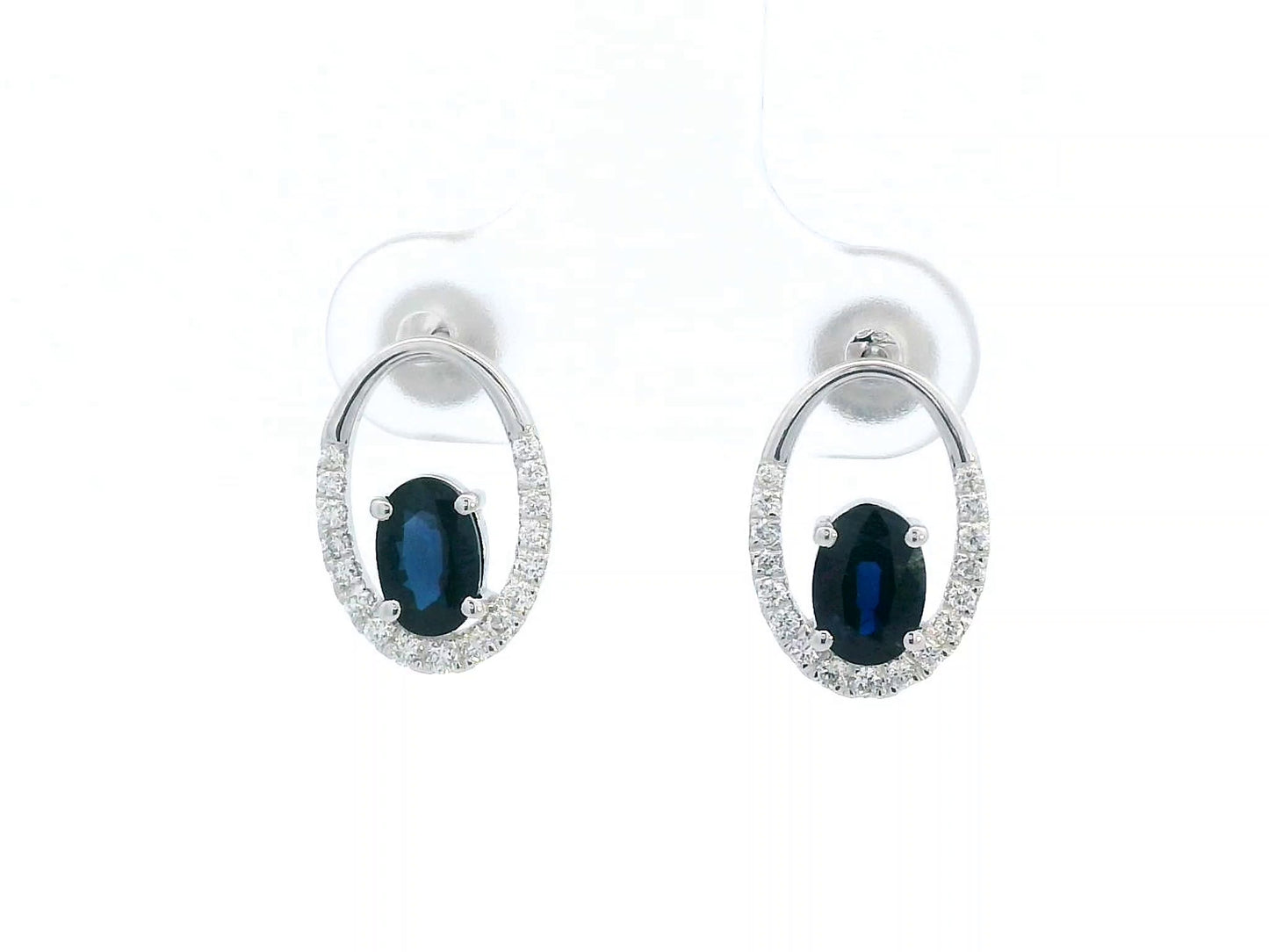 18K white gold blue sapphire oval stud earrings with diamond half-halo, 1.32ct sapphire and 0.20ct diamond pair