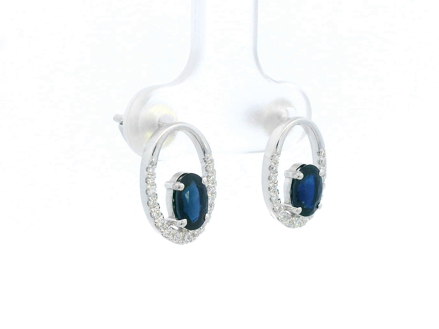 18K white gold blue sapphire oval stud earrings with diamond half-halo, 1.32ct sapphire and 0.20ct diamond pair