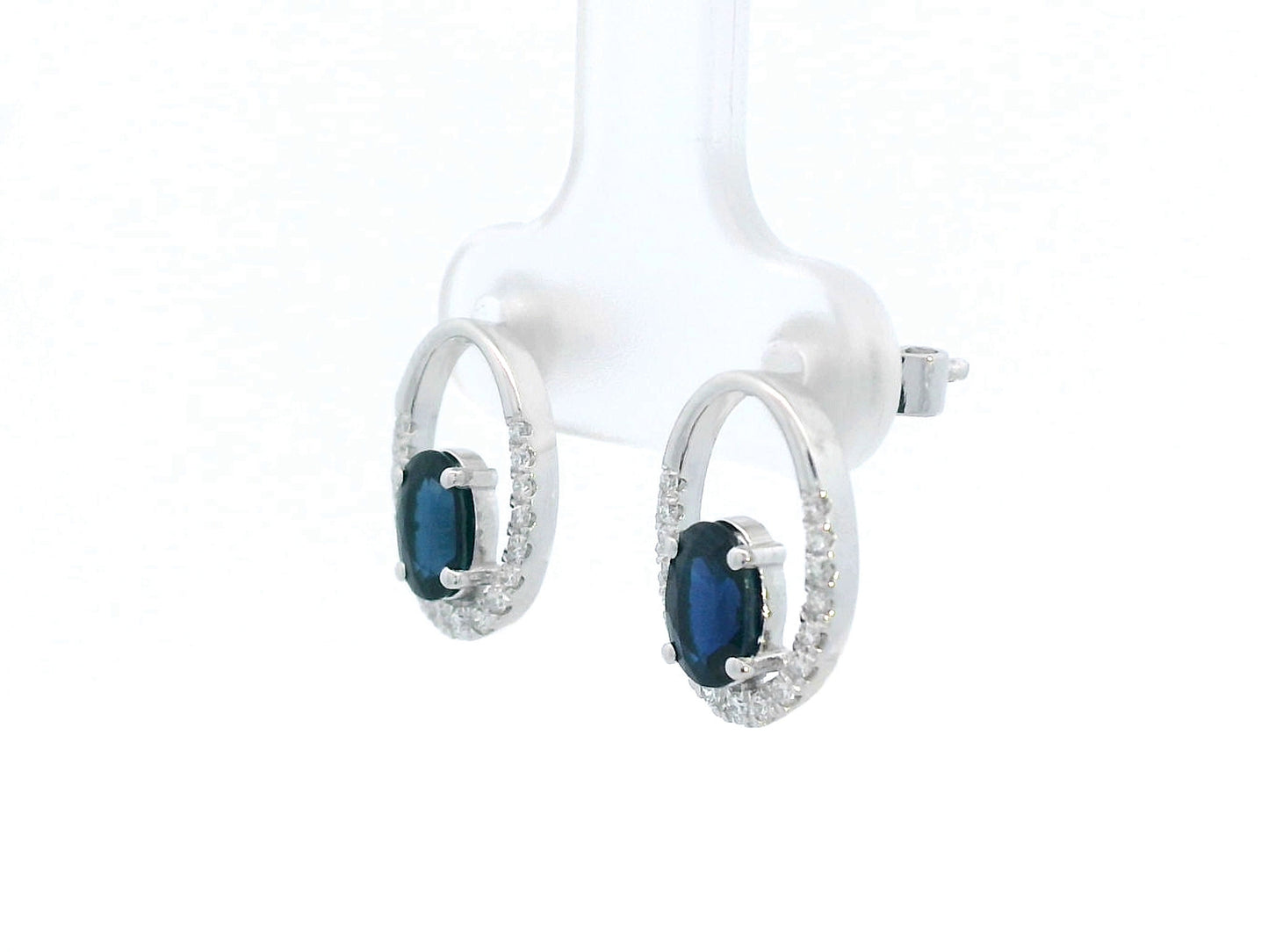 18K white gold blue sapphire oval stud earrings with diamond half-halo, 1.32ct sapphire and 0.20ct diamond pair