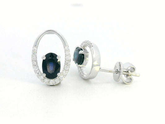 18K white gold blue sapphire oval stud earrings with diamond half-halo, 1.32ct sapphire and 0.20ct diamond pair