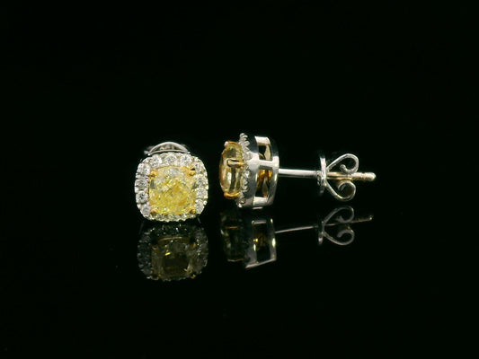 Cushion-Cut Fancy Yellow Diamond Stud Earrings with White Diamond Halo in 18K White Gold