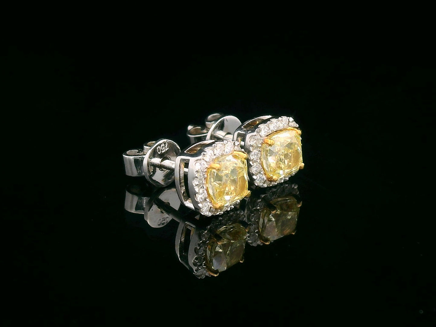 Cushion-Cut Fancy Yellow Diamond Stud Earrings with White Diamond Halo in 18K White Gold