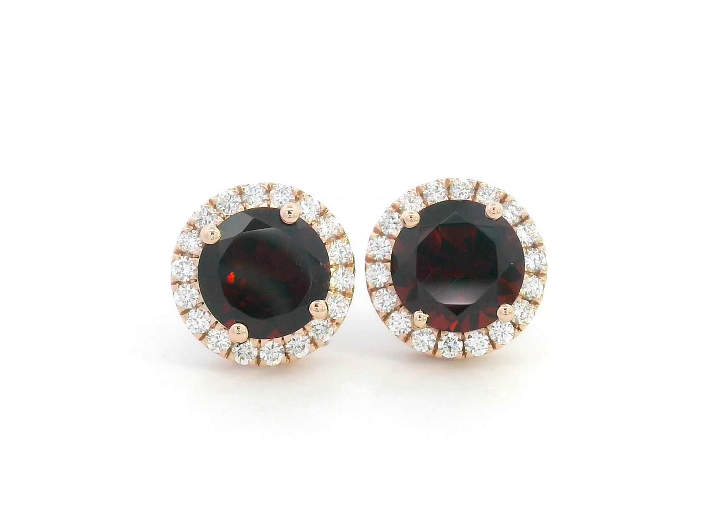 Round garnet and diamond halo stud earrings in 18K rose gold, birthstone jewelry for January