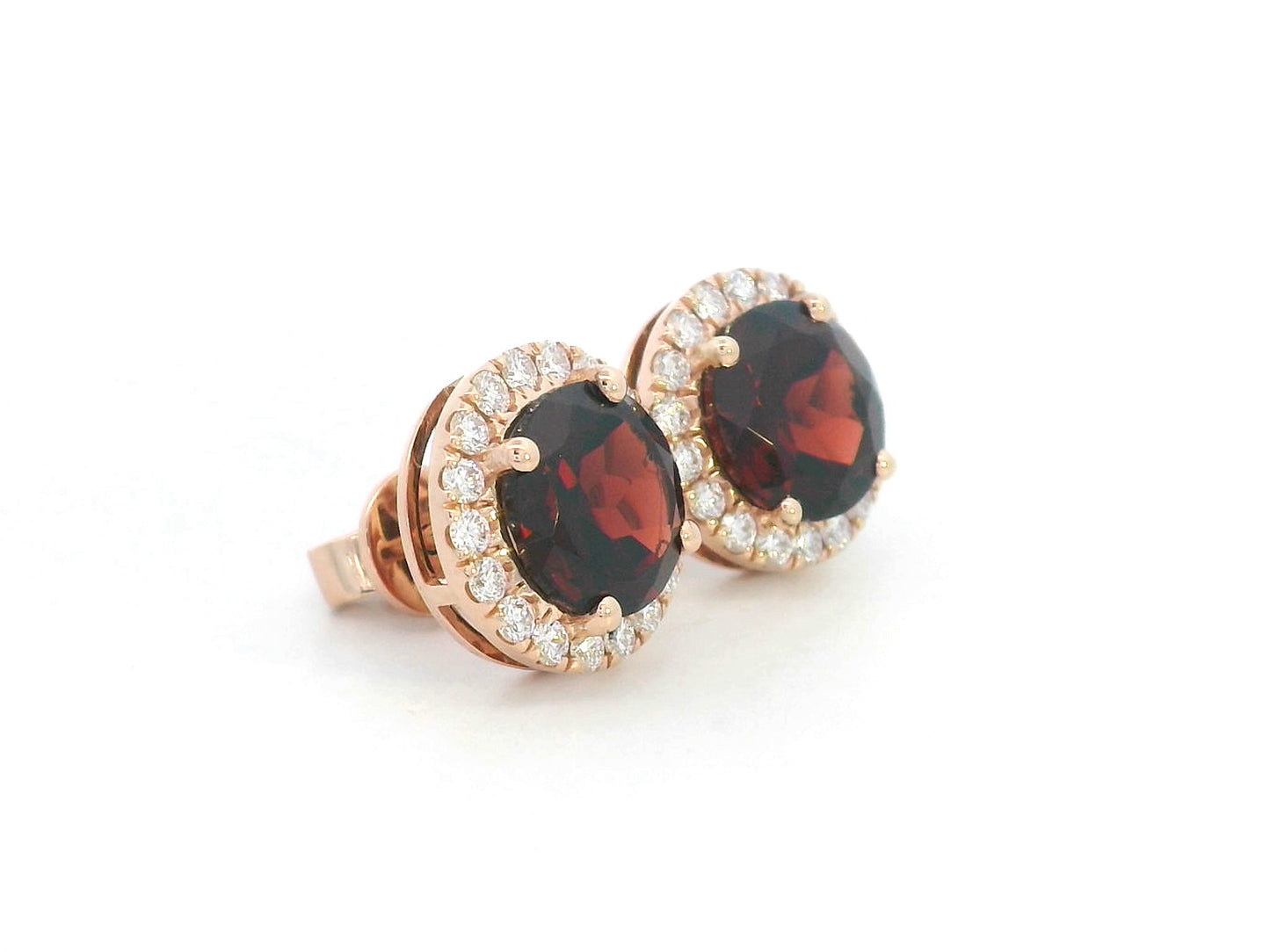 Round garnet and diamond halo stud earrings in 18K rose gold, birthstone jewelry for January