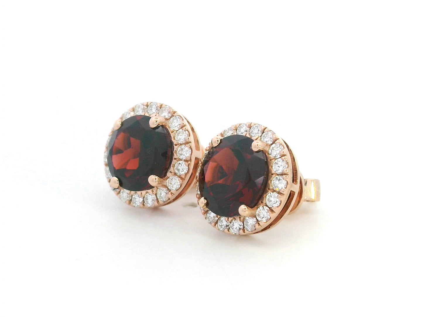 Round garnet and diamond halo stud earrings in 18K rose gold, birthstone jewelry for January