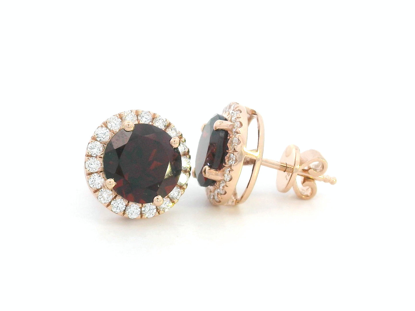 Round garnet and diamond halo stud earrings in 18K rose gold, birthstone jewelry for January
