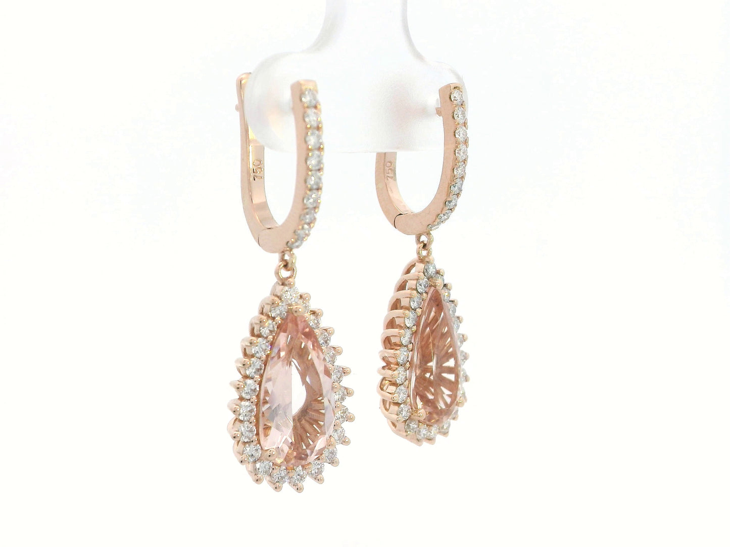 18K rose gold earrings with pear-shaped morganite and starburst diamond halo on pavé huggie hoops