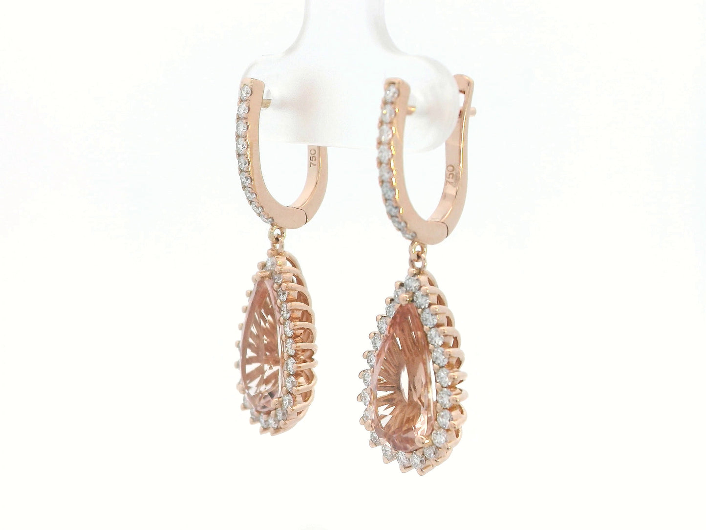 18K rose gold earrings with pear-shaped morganite and starburst diamond halo on pavé huggie hoops