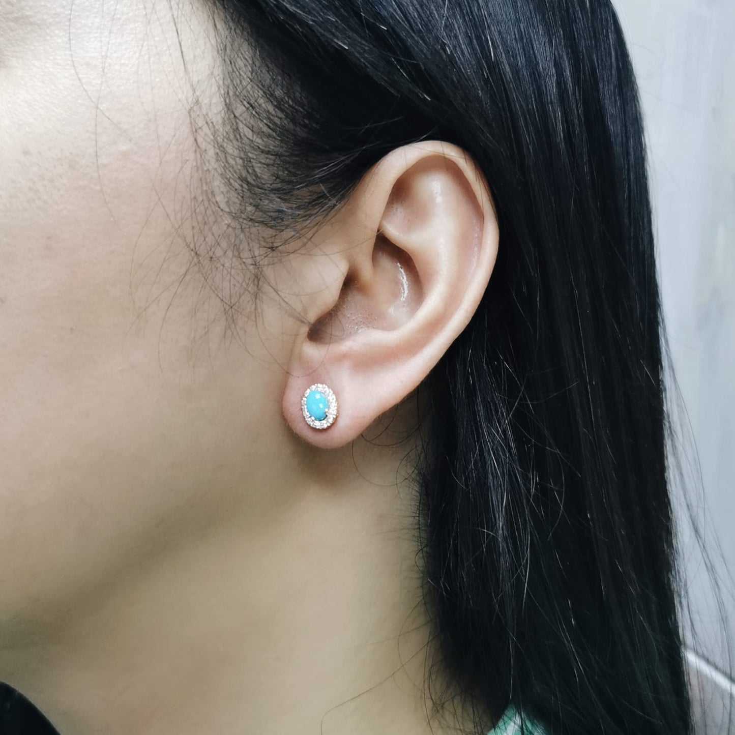 18K yellow gold oval turquoise and diamond halo stud earrings with push-back closure