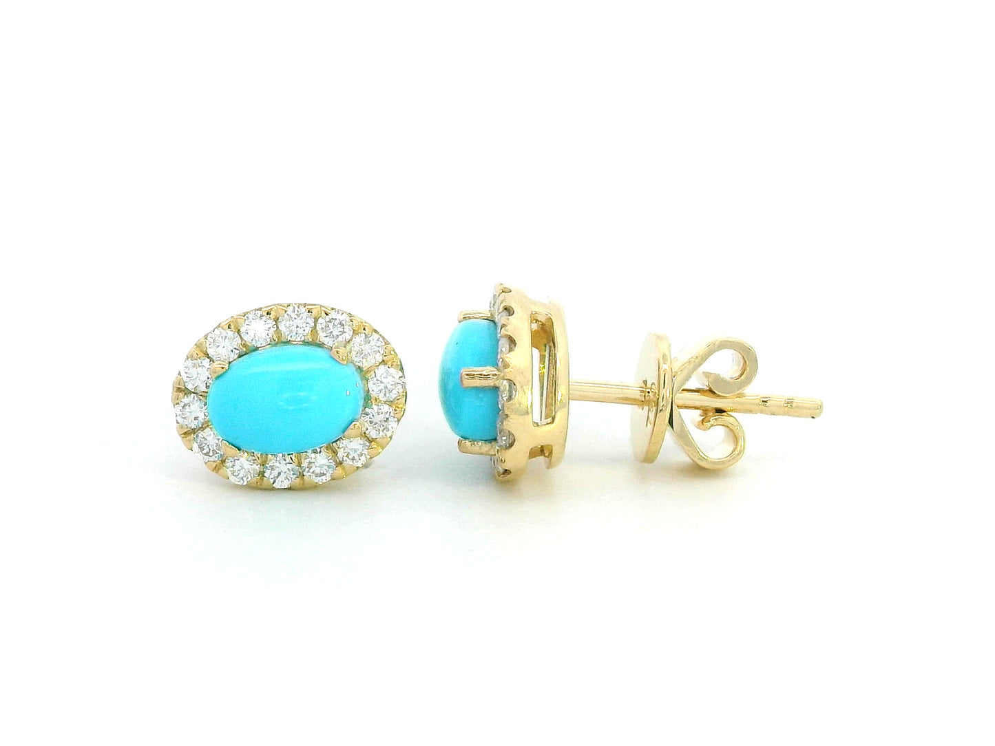 18K yellow gold oval turquoise and diamond halo stud earrings with push-back closure