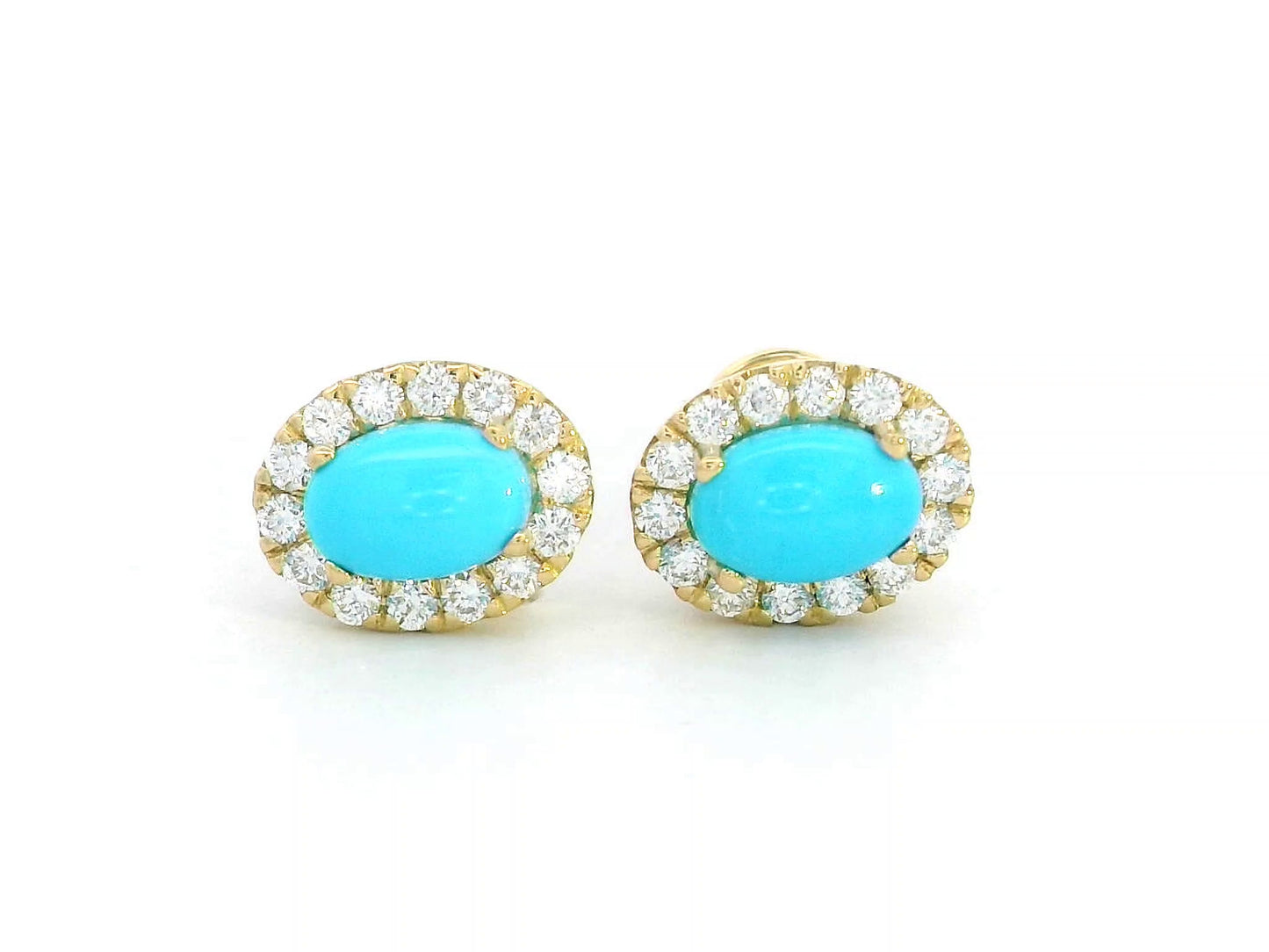18K yellow gold oval turquoise and diamond halo stud earrings with push-back closure