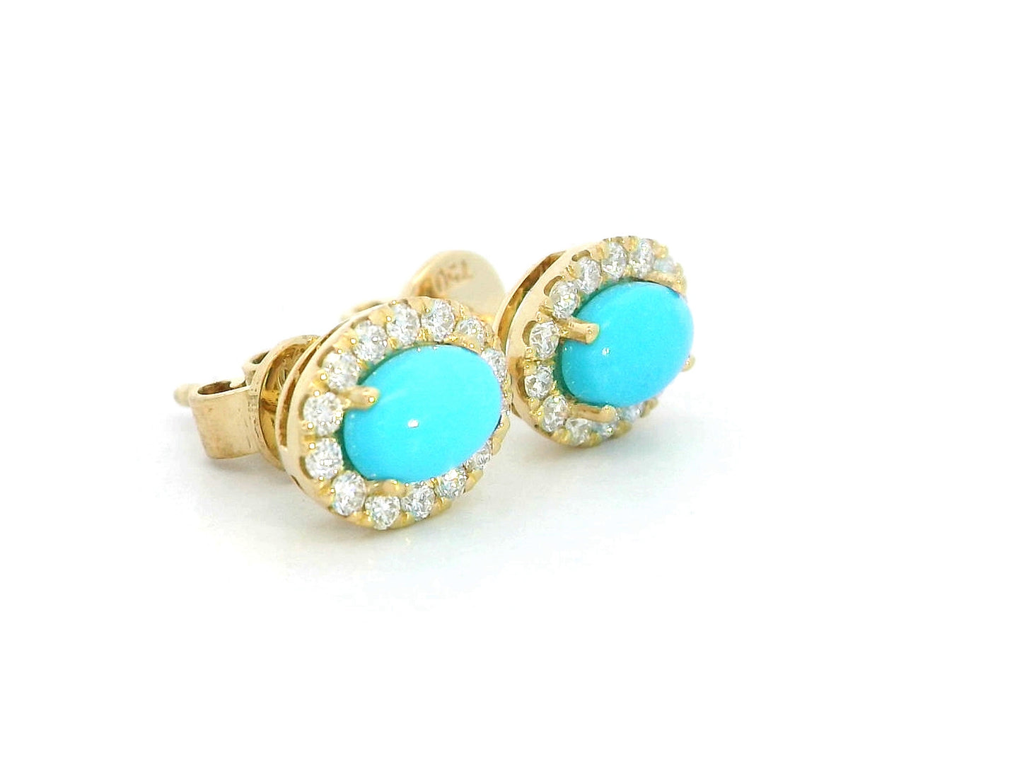 18K yellow gold oval turquoise and diamond halo stud earrings with push-back closure