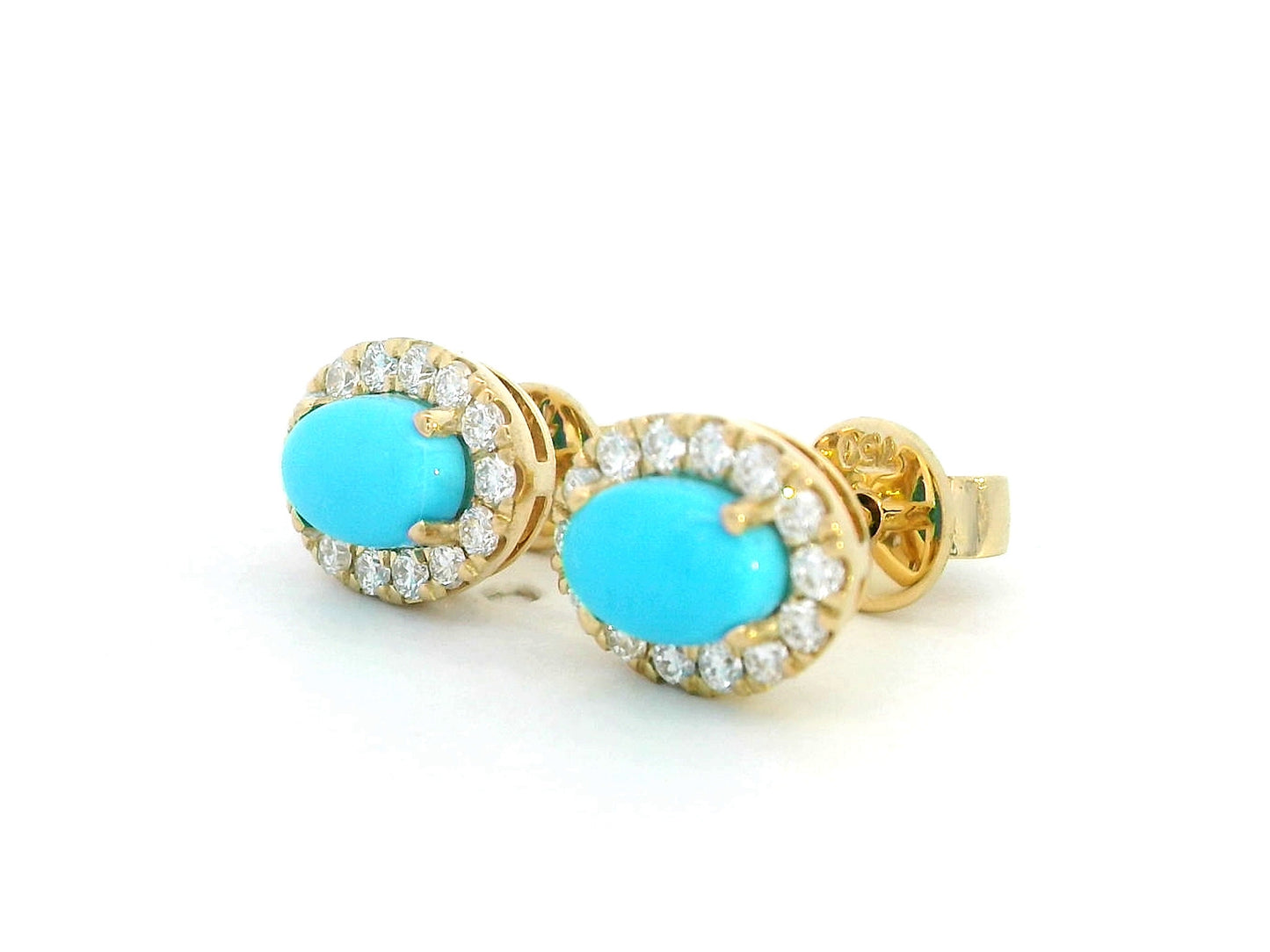 18K yellow gold oval turquoise and diamond halo stud earrings with push-back closure