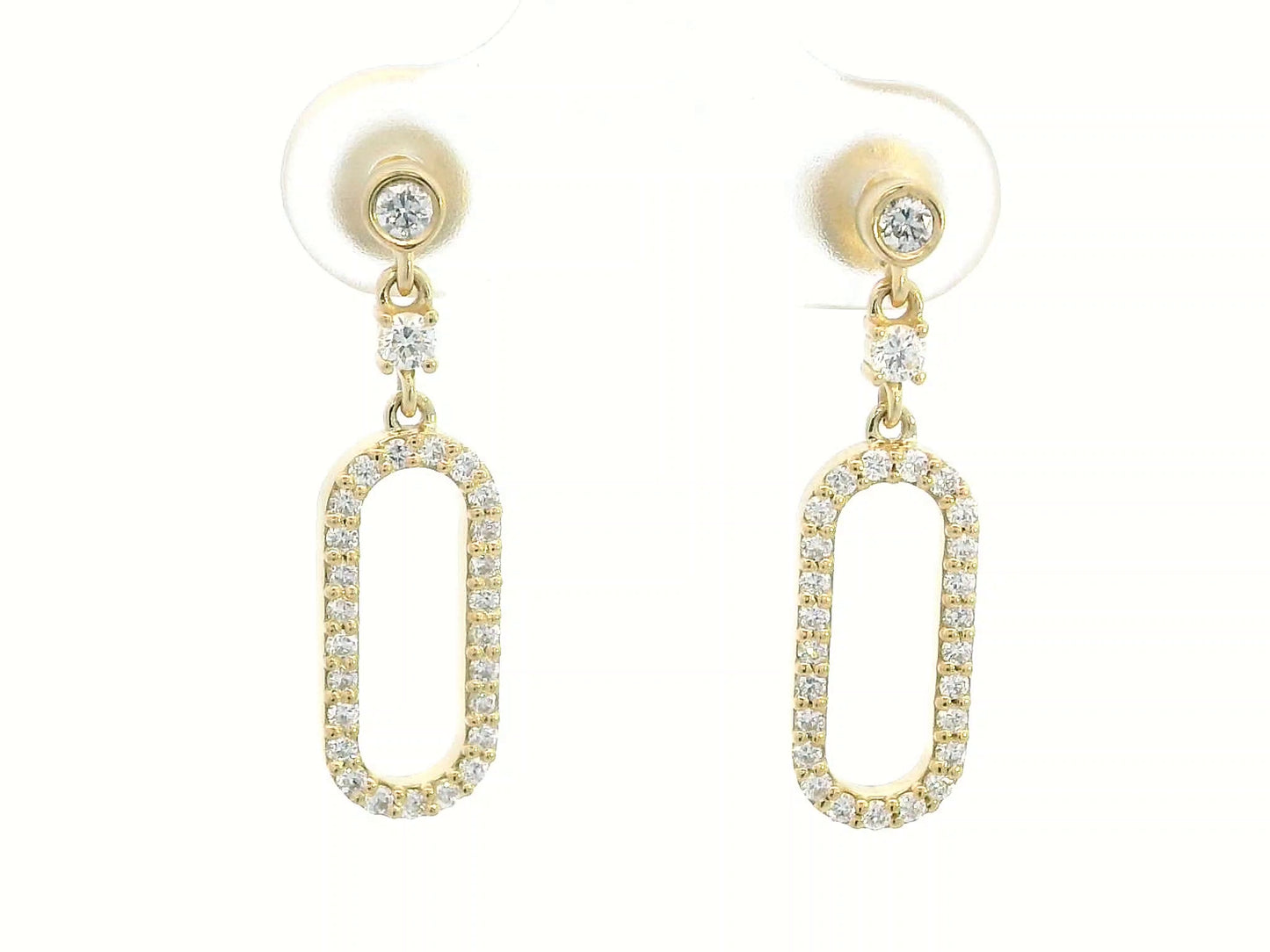 18K yellow gold geometric drop earrings with bezel and pavé diamonds, open oval link design