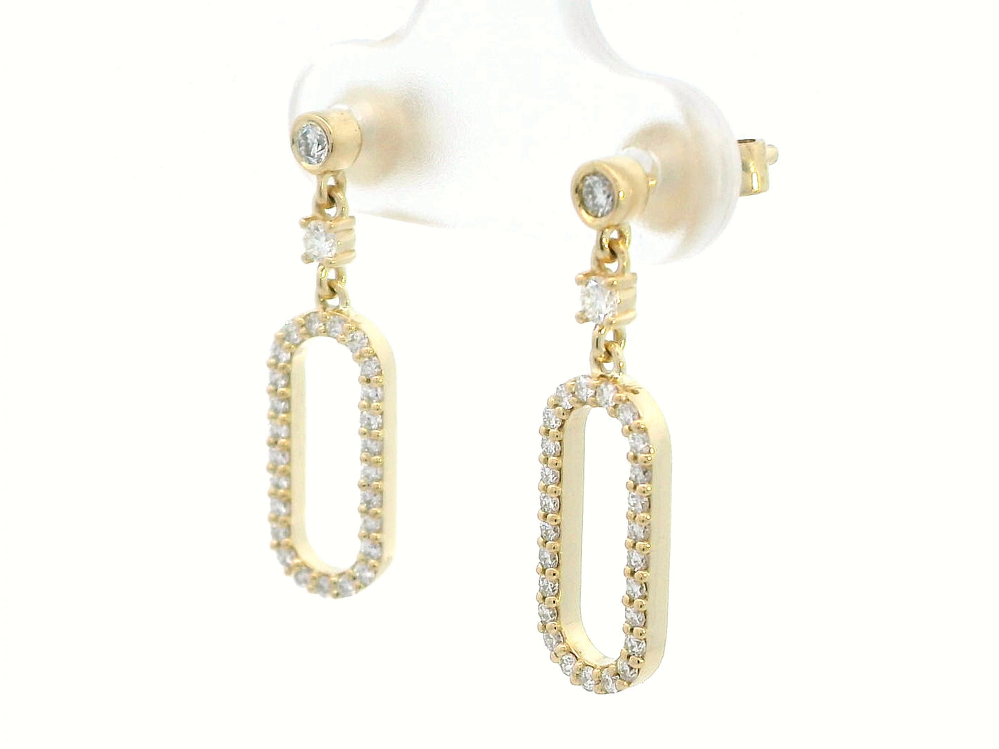 18K yellow gold geometric drop earrings with bezel and pavé diamonds, open oval link design