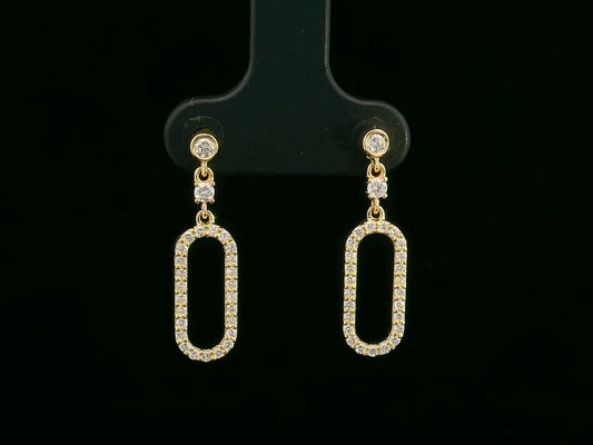 18K yellow gold geometric drop earrings with bezel and pavé diamonds, open oval link design