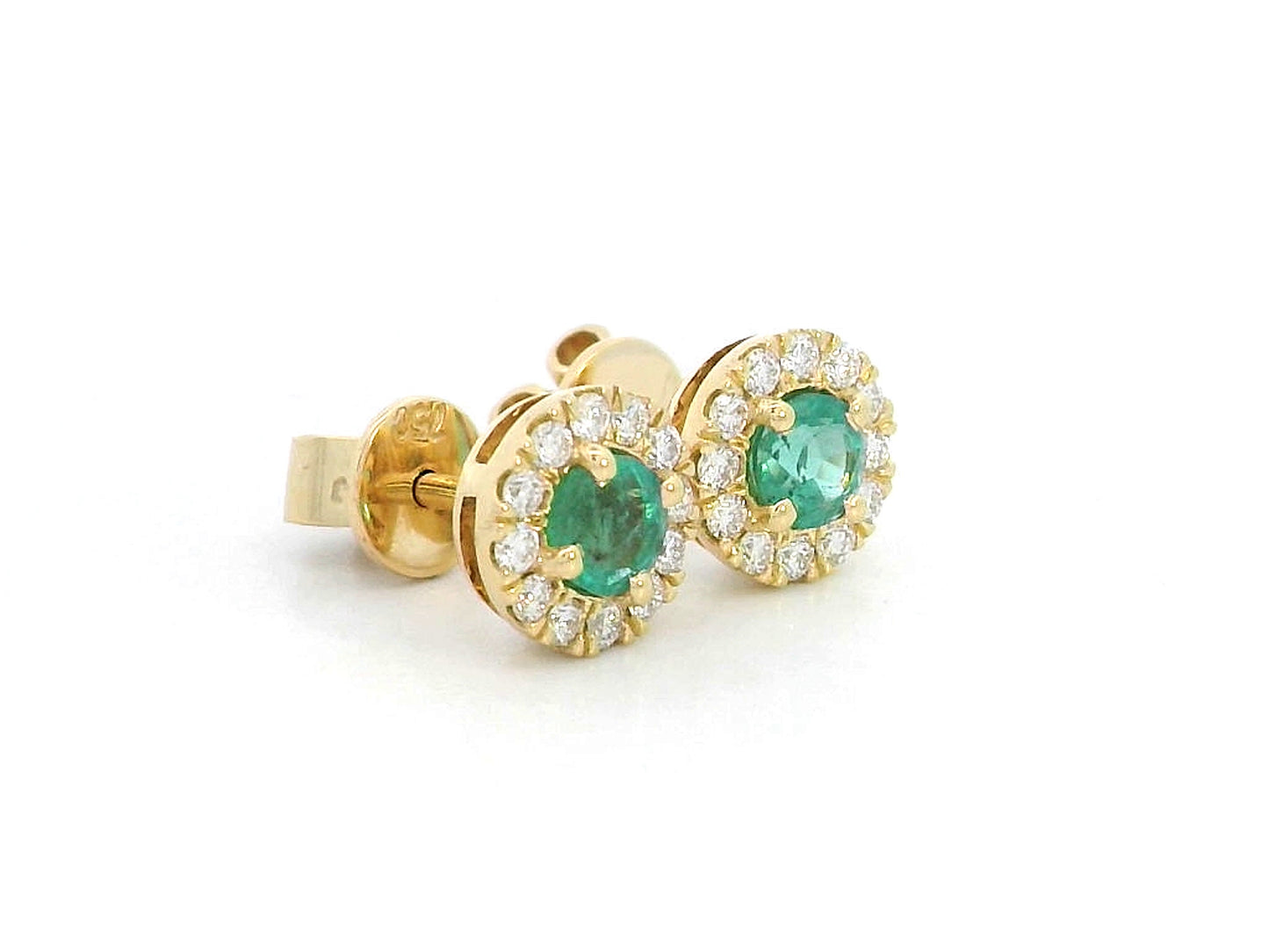 Dainty 18K gold stud earrings with round-cut emeralds and diamond halos
