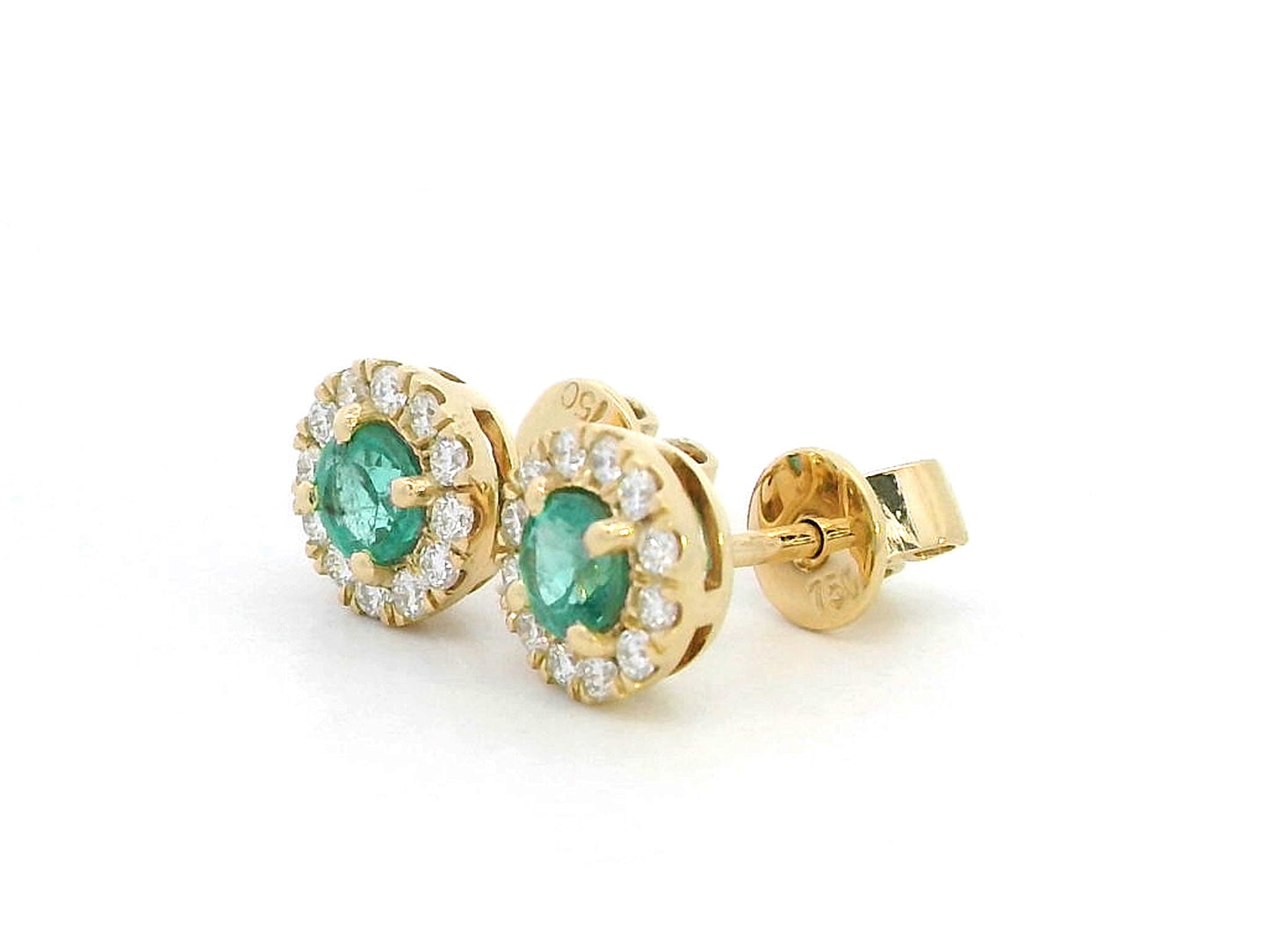 Dainty round emerald and diamond halo stud earrings in 18K yellow gold