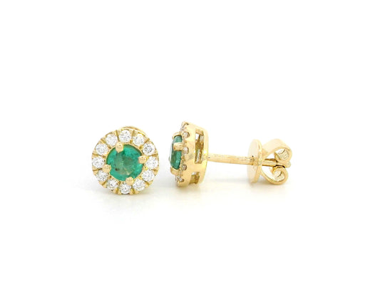 Dainty 18K gold stud earrings with round-cut emeralds and diamond halos